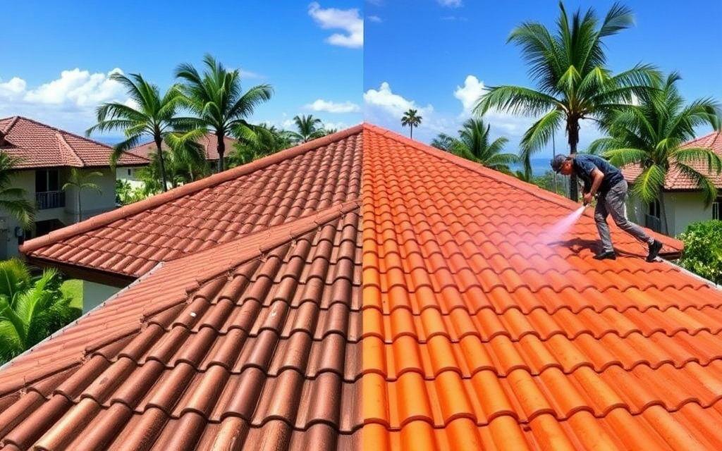 Roof restoration showing dramatic before and after on Malaysian rooftop