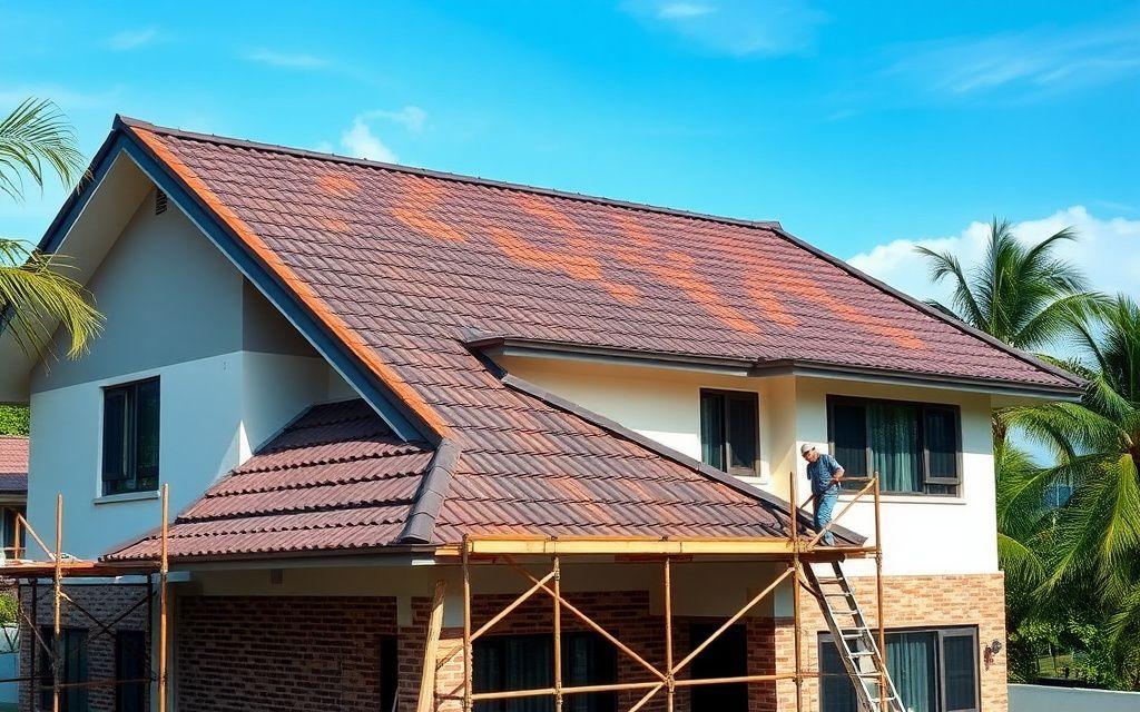 Complete roof replacement in progress with workers on scaffolding