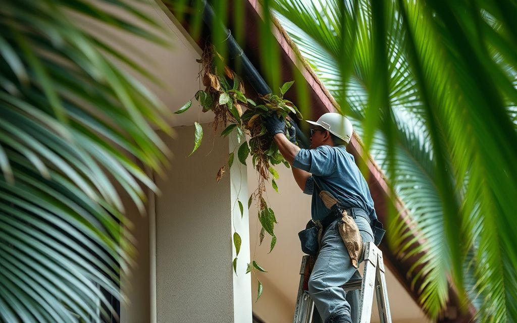 Worker on a ladder clearing leaves and debris from a residential gutter