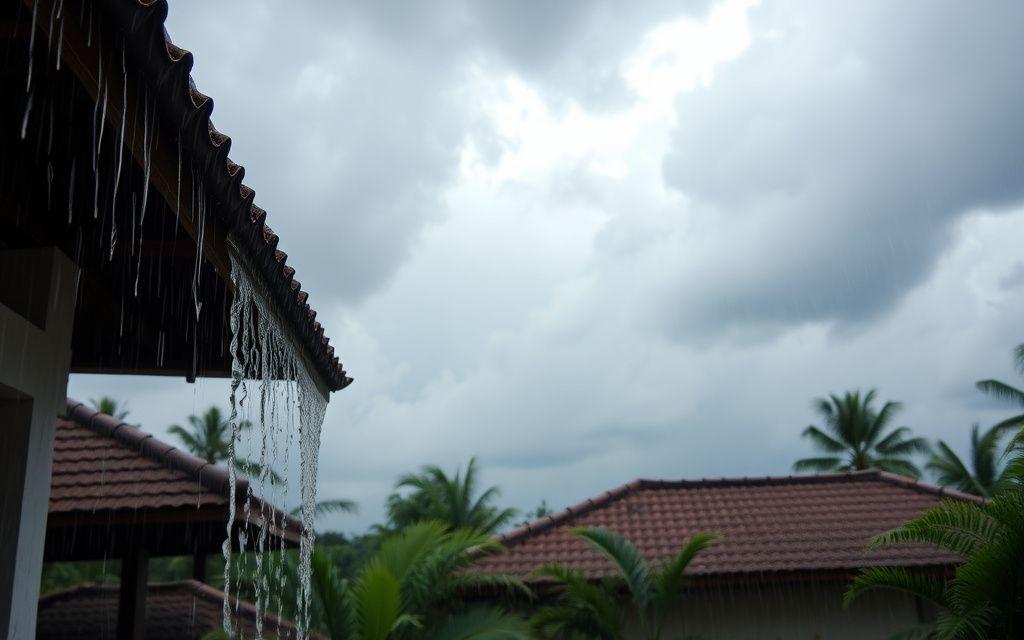 Heavy monsoon rain falling on a Malaysian tile roof