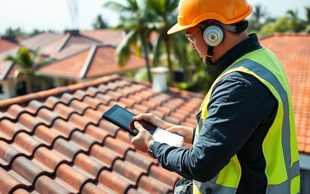 Roof inspector examining tile details with a tablet on a residential rooftop