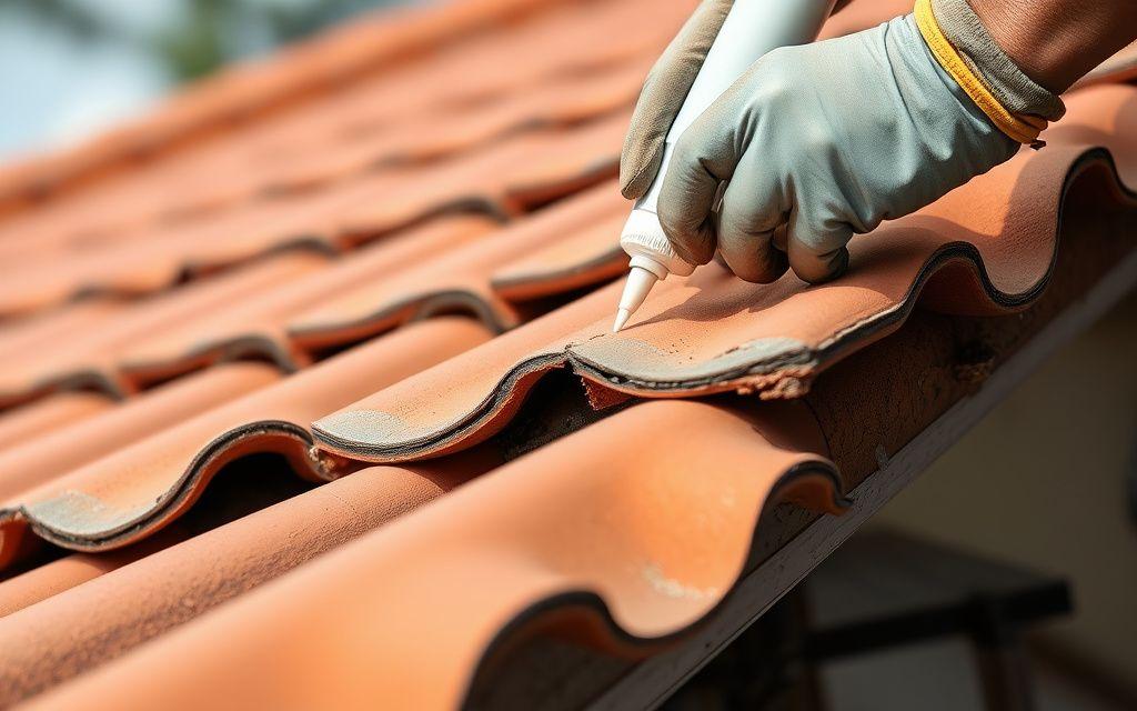 Roofer sealing a cracked clay tile on a Malaysian home