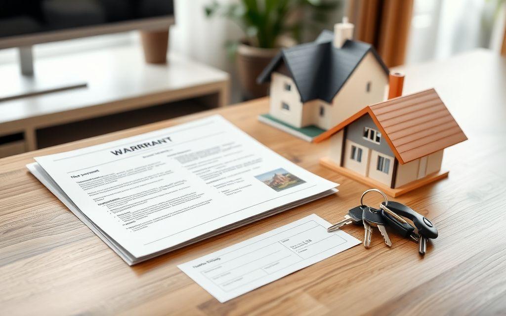 A warranty document open on a desk next to house keys